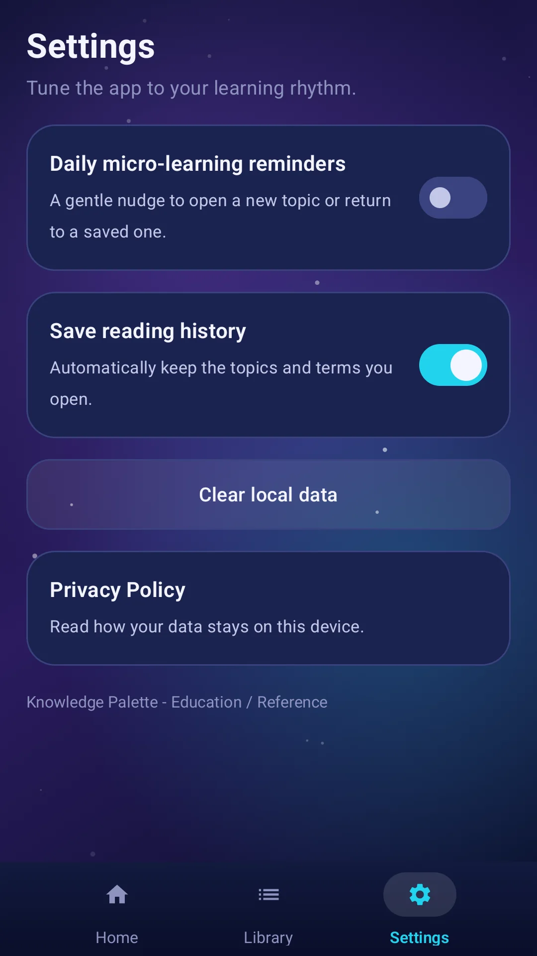 Knowledge Palette settings screen